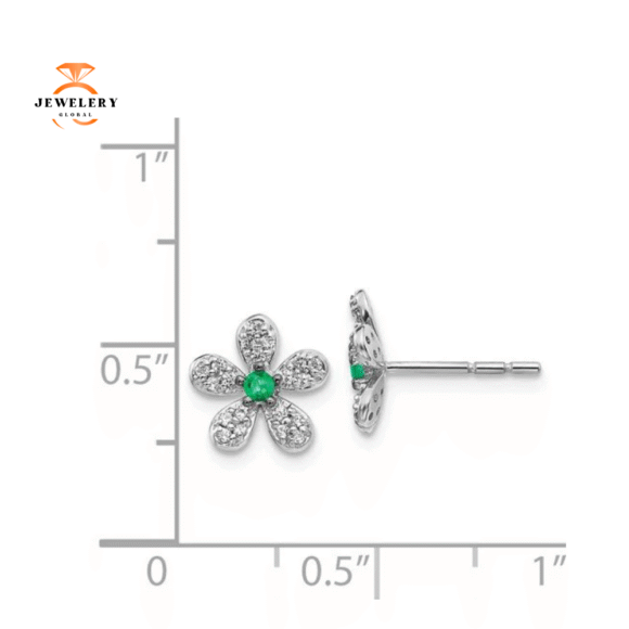 14KT WHITE GOLD .05 CTW EMERALD & .17 CTW DIAMOND FLOWER EARRINGS - Image 2