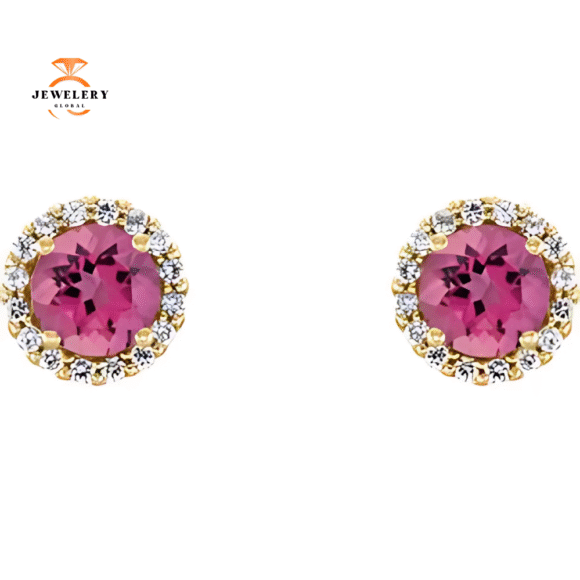 14KT GOLD 0.56 CTW PINK TOURMALINE & 1/8 CTW DIAMOND HALO EARRINGS - Image 4