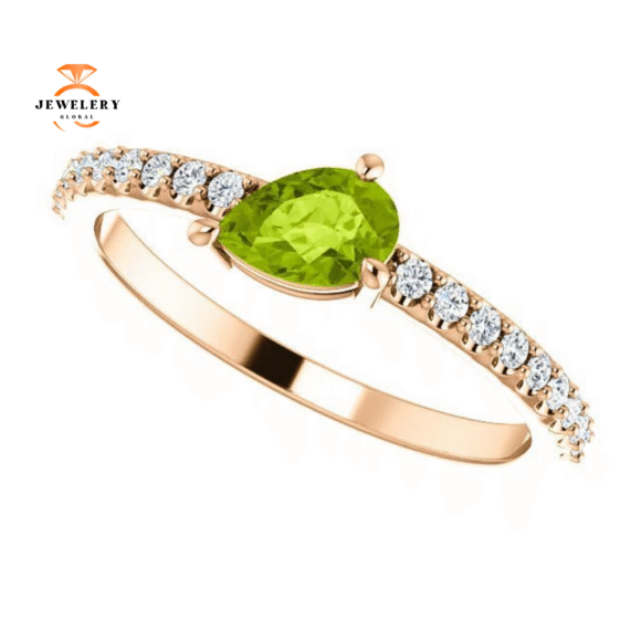 14KT GOLD PEAR SHAPE PERIDOT & 1/6 CTW DIAMOND STACKABLE RING - Image 2