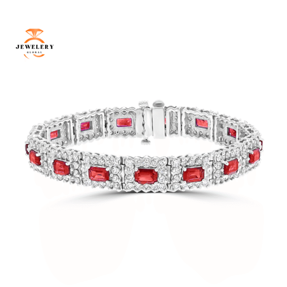 14KT GOLD 9.63 CTW RUBY & 6.30 CTW DIAMOND HALO BRACELET