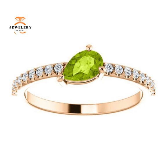 14KT GOLD PEAR SHAPE PERIDOT & 1/6 CTW DIAMOND STACKABLE RING - Image 3