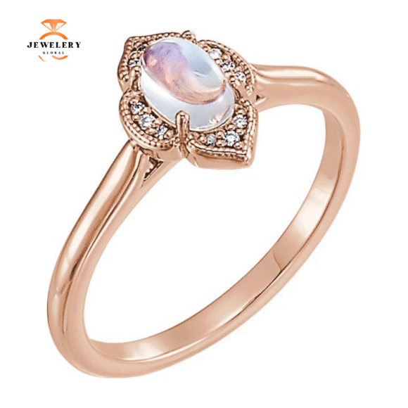 14KT GOLD .60 CT MOONSTONE & .03 CTW DIAMOND CLOVER RING