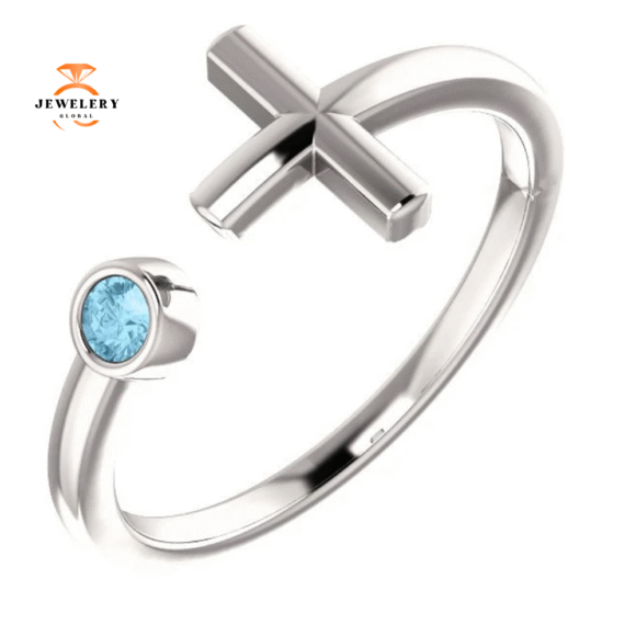 14KT GOLD ROUND AQUAMARINE CUFF CROSS RING - Image 4