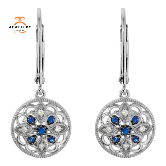 14KT GOLD SAPPHIRE & DIAMOND GRANULATED FILIGREE EARRINGS - Image 2