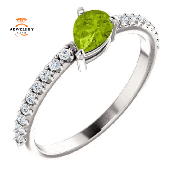 14KT GOLD PEAR SHAPE PERIDOT & 1/6 CTW DIAMOND STACKABLE RING - Image 6