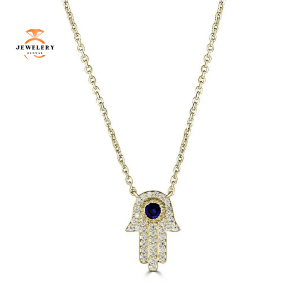14KT GOLD SAPPHIRE & DIAMOND HAMSA NECKLACE