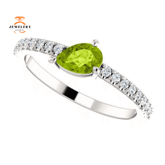 14KT GOLD PEAR SHAPE PERIDOT & 1/6 CTW DIAMOND STACKABLE RING - Image 7