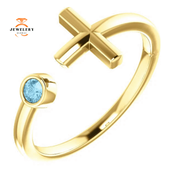 14KT GOLD ROUND AQUAMARINE CUFF CROSS RING - Image 7