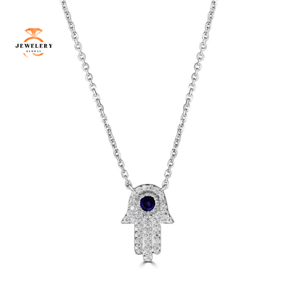 14KT GOLD SAPPHIRE & DIAMOND HAMSA NECKLACE - Image 2