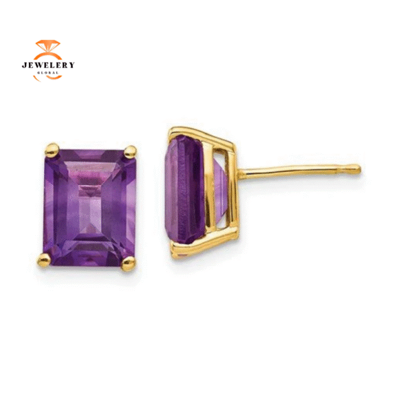 14KT GOLD EMERALD CUT AMETHYST EARRINGS - Image 3