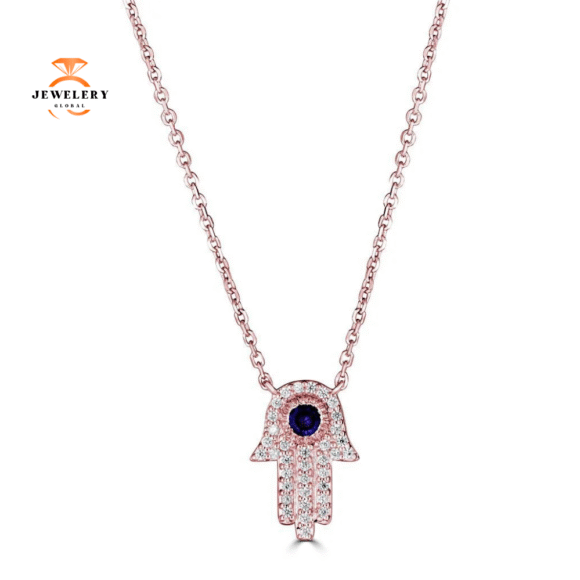 14KT GOLD SAPPHIRE & DIAMOND HAMSA NECKLACE - Image 3