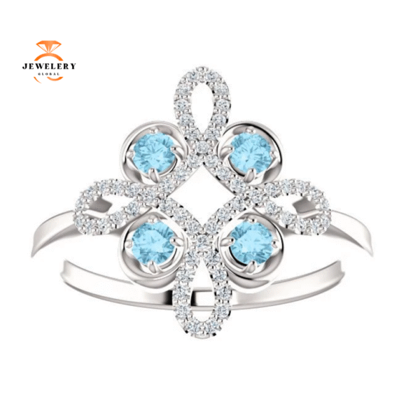 14KT GOLD AQUAMARINE & DIAMOND CLOVER RING - Image 2