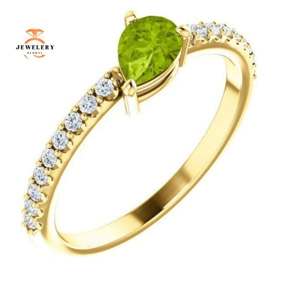 14KT GOLD PEAR SHAPE PERIDOT & 1/6 CTW DIAMOND STACKABLE RING - Image 10