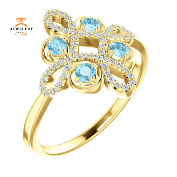 14KT GOLD AQUAMARINE & DIAMOND CLOVER RING - Image 4