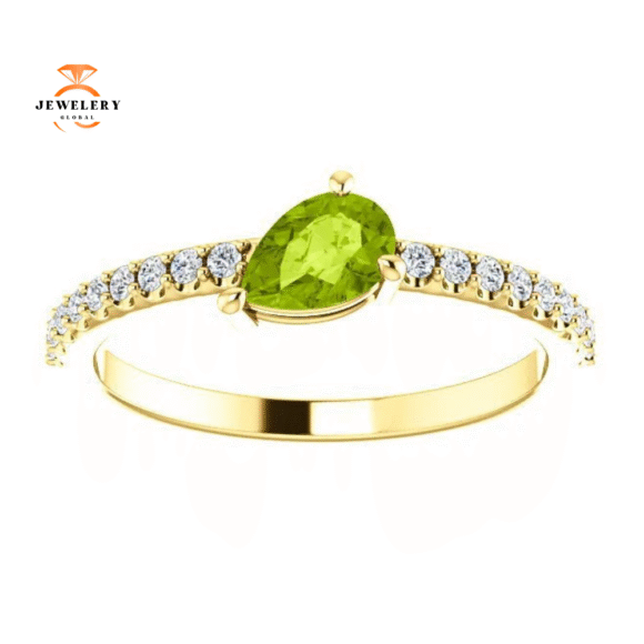 14KT GOLD PEAR SHAPE PERIDOT & 1/6 CTW DIAMOND STACKABLE RING - Image 11