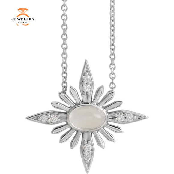 14KT GOLD .60 CT MOONSTONE & .08 CTW DIAMOND CELESTIAL NECKLACE