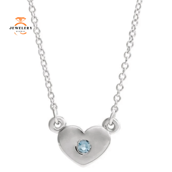 14KT GOLD ROUND AQUAMARINE HEART PETIITE NECKLACE