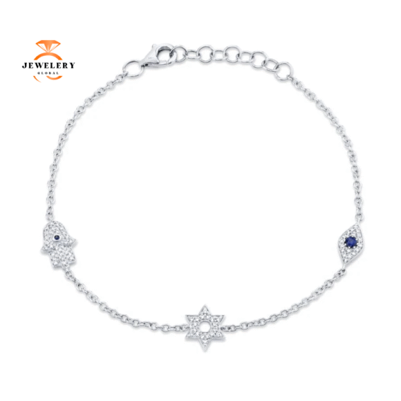 14KT GOLD SAPPHIRE & DIAMOND HAMSA STAR EYE BRACELET - Image 3