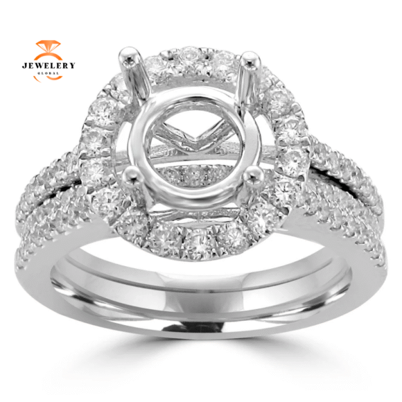 18KT White Gold 1.10 CTW Halo Bridal Set for 2 CT Round Center Diamond