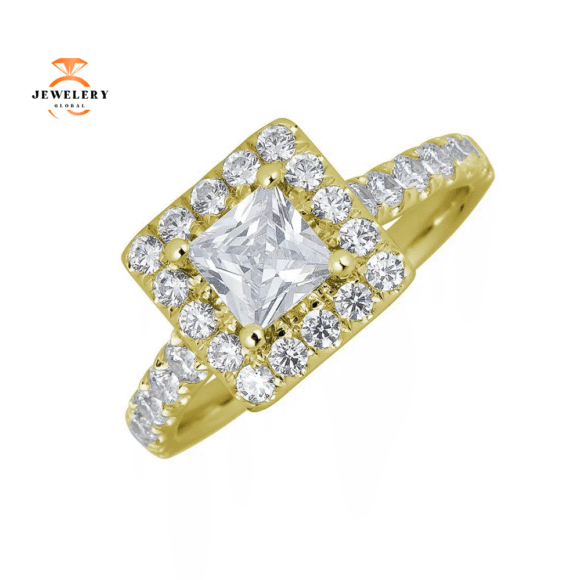 JULEVE 14KT GOLD 1.50 CTW DIAMOND SQUARE HALO CATHEDRAL RING