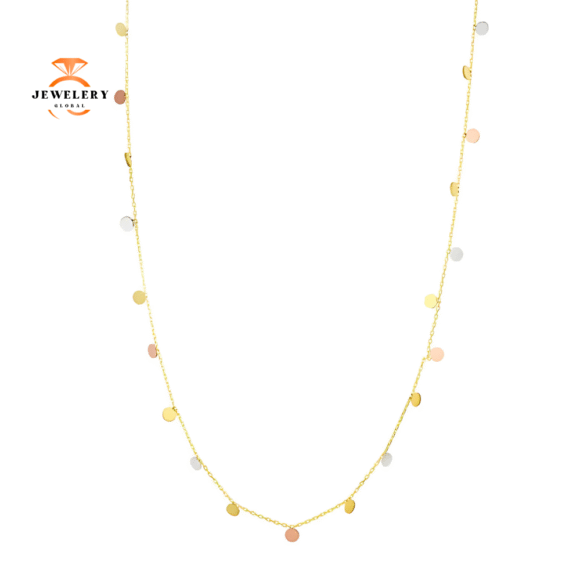 EMILIQUE 14 KARAT TRICOLOR GOLD DANGLIING CIRCLES NECKLACE