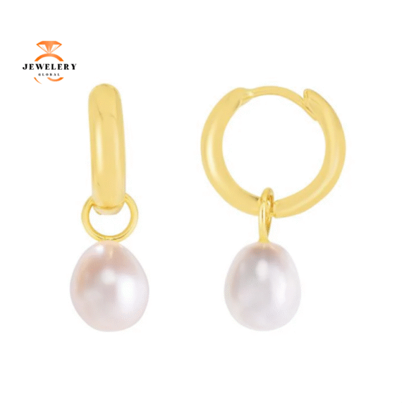 EMILIQUE 14KT YELLOW GOLD PEARL DROP HUGGIE EARRINGS