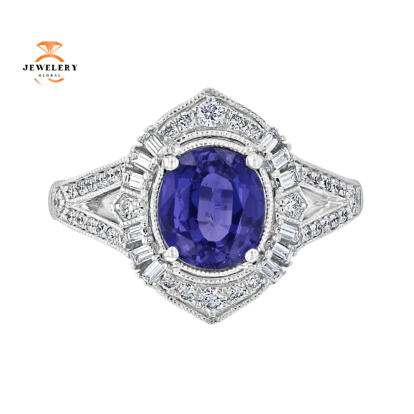 JULEVE 1.97 CT SAPPHIRE & .48 CTW DIAMOND POINTED HALO RING
