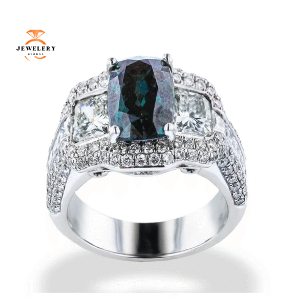 JULEVE 18KT WHITE GOLD 3.14CTW BRAZILIAN ALEXANDRITE & 2.85CTW DIAMOND PAVE RING