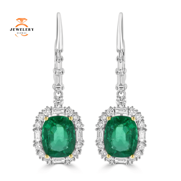 JULEVE 18KT WHITE GOLD 5.19 CTW EMERALD & 1.50 CTW DIAMOND HALO DROP EARRINGS