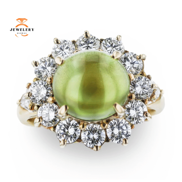 JULEVE 18KT YELLOW GOLD 4.99CT CATS EYE CHRYSOBERYL & 1.88CTW DIAMOND RING