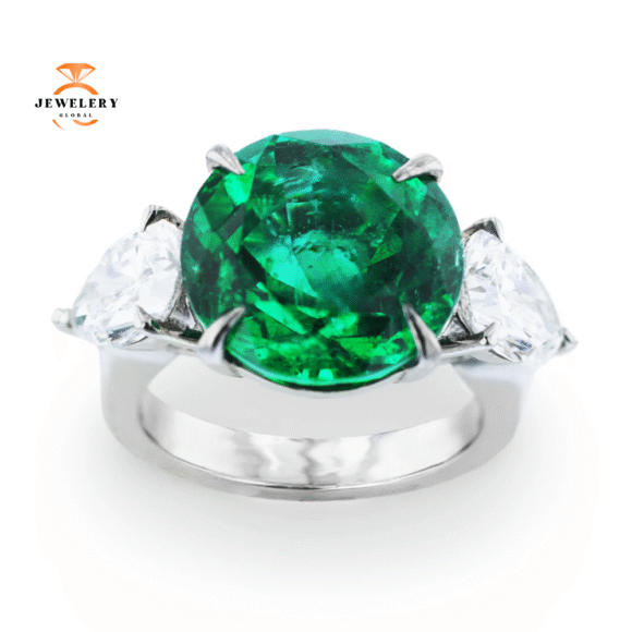 JULEVE PLATINUM 8.55 CT EMERALD & 2.42 CTW DIAMOND 3 STONE RING