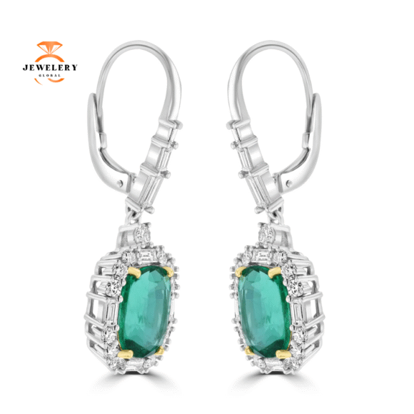 JULEVE 18KT WHITE GOLD 5.19 CTW EMERALD & 1.50 CTW DIAMOND HALO DROP EARRINGS - Image 2