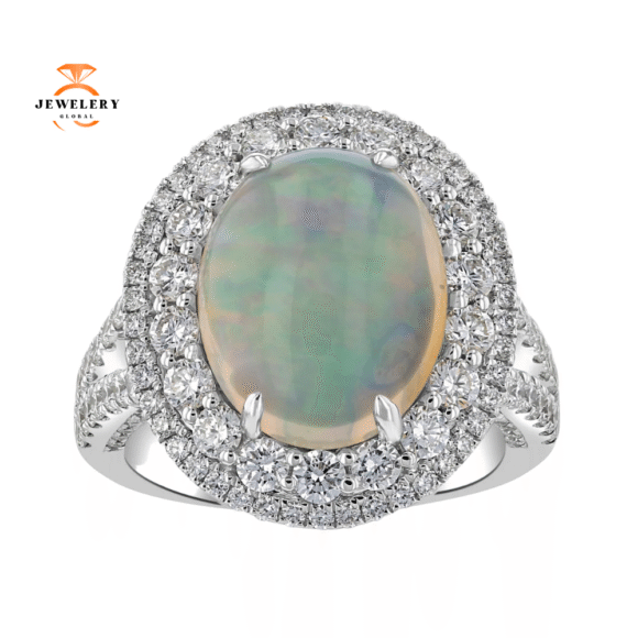 JULEVE 5.37 CT FIRE OPAL & 2.11 CTW DIAMOND DOUBLE HALO RING