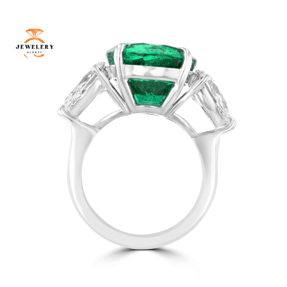 JULEVE PLATINUM 8.55 CT EMERALD & 2.42 CTW DIAMOND 3 STONE RING - Image 2