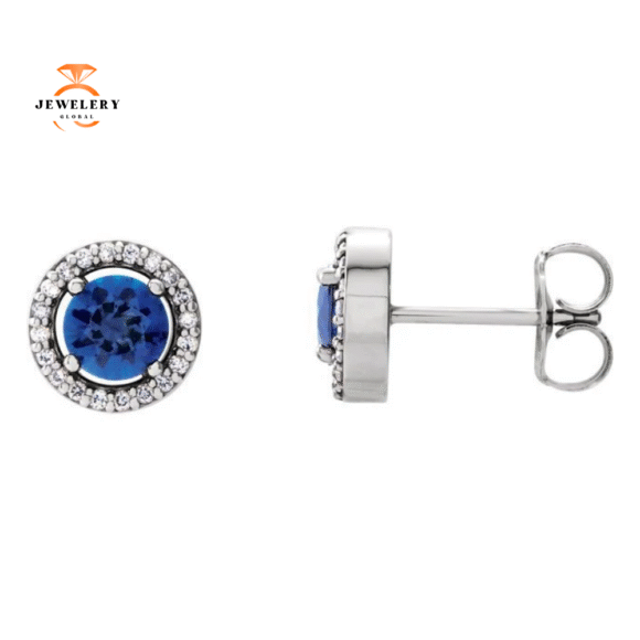 14KT WHITE GOLD BLUE SAPPHIRE & 1/10 CTW DIAMOND EARRINGS
