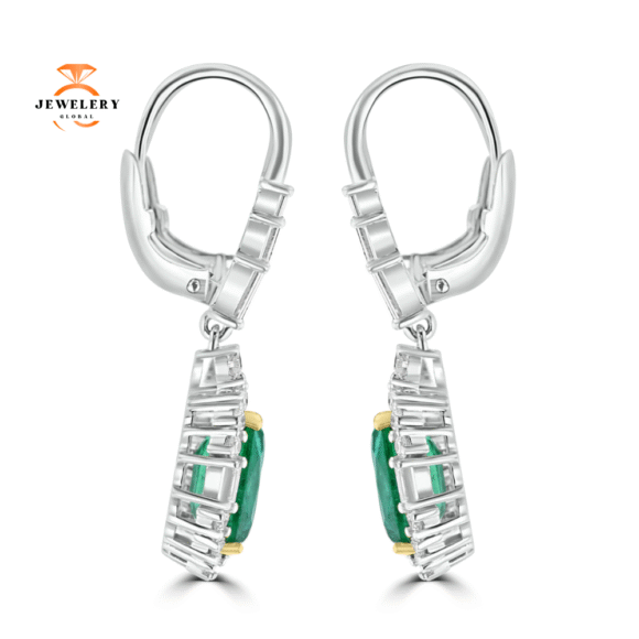 JULEVE 18KT WHITE GOLD 5.19 CTW EMERALD & 1.50 CTW DIAMOND HALO DROP EARRINGS - Image 3