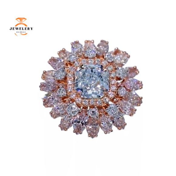 18KT 4.76 CARAT TOTAL WEIGHT FANCY LIGHT BLUE GREEN CENTER DIAMOND WITH WHITE & PINK DIAMOND RING