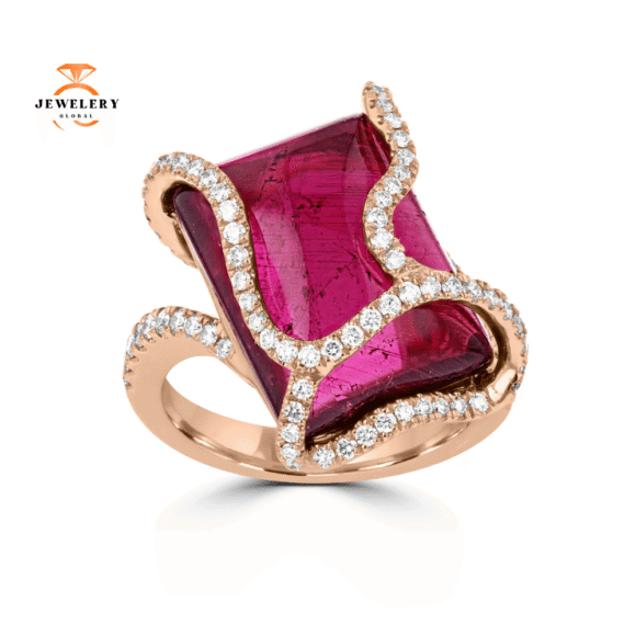 18KT Rose Gold 11.89 CT Rubellite & .65 CTW Diamond Freeform Ring