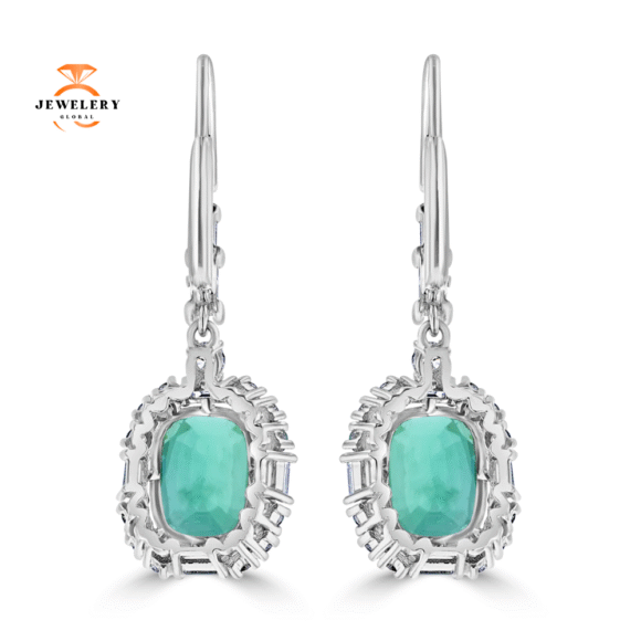 JULEVE 18KT WHITE GOLD 5.19 CTW EMERALD & 1.50 CTW DIAMOND HALO DROP EARRINGS - Image 4