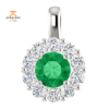 14KT WHITE GOLD ROUND EMERALD AND DIAMOND HALO PENDANT