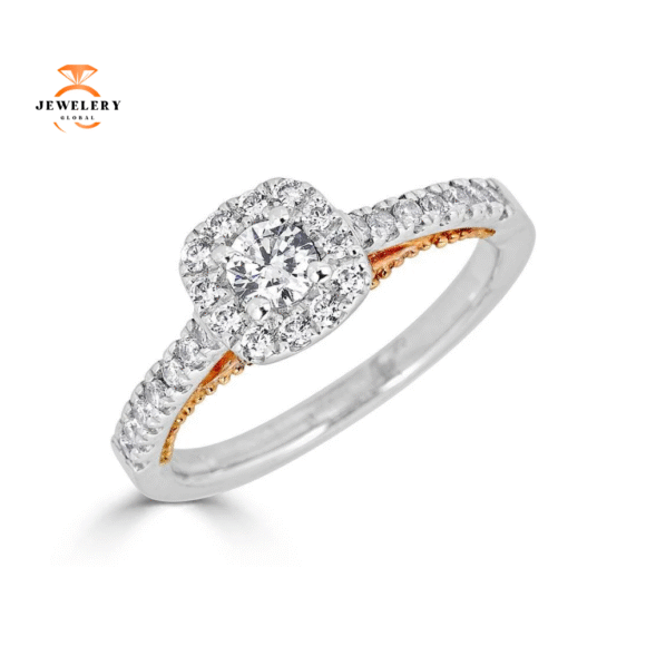 JULEVE 14KT GOLD 1/2 CTW DIAMOND MILGRAIN CUSHION HALO RING