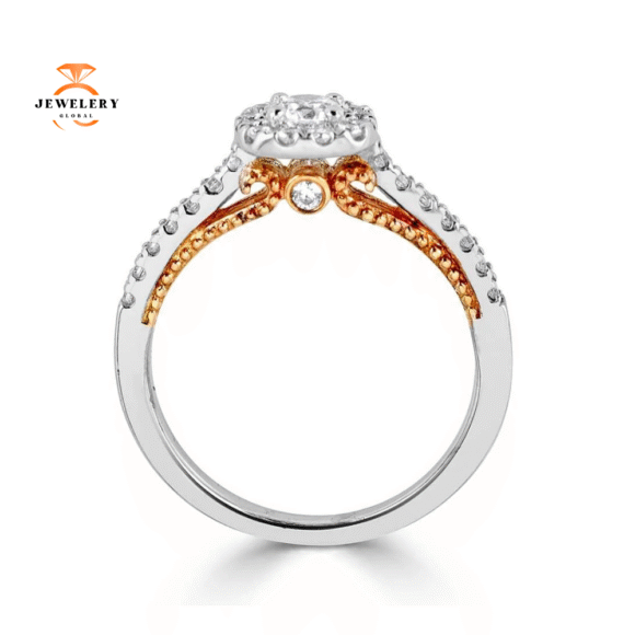 JULEVE 14KT GOLD 1/2 CTW DIAMOND MILGRAIN CUSHION HALO RING - Image 2