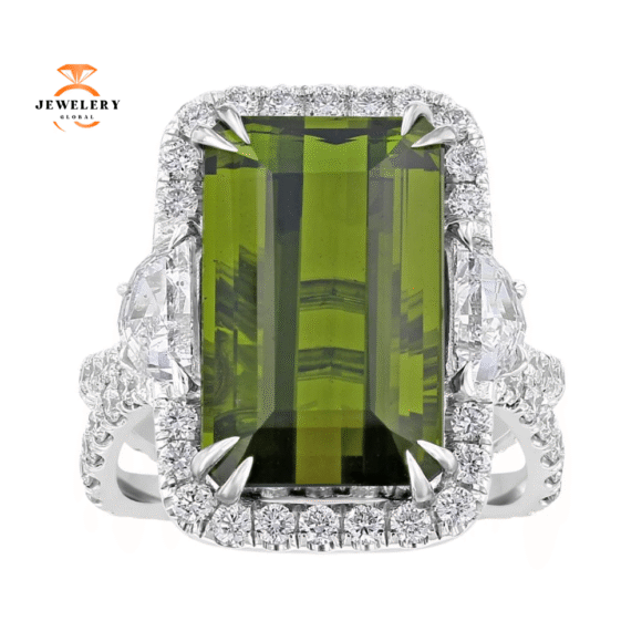 JULEVE 10.14 CT TOURMALINE & 2.03 CTW DIAMOND 3 STONE HALO RING
