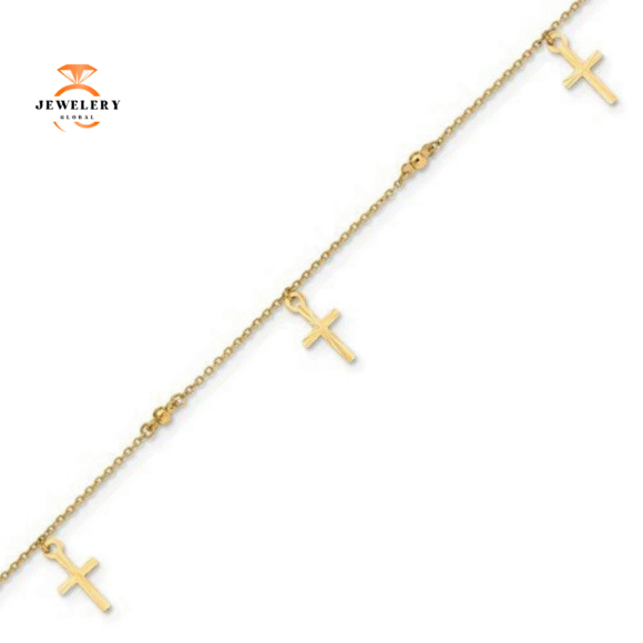 14KT Yellow Gold Polished & Textured Cross Anklet