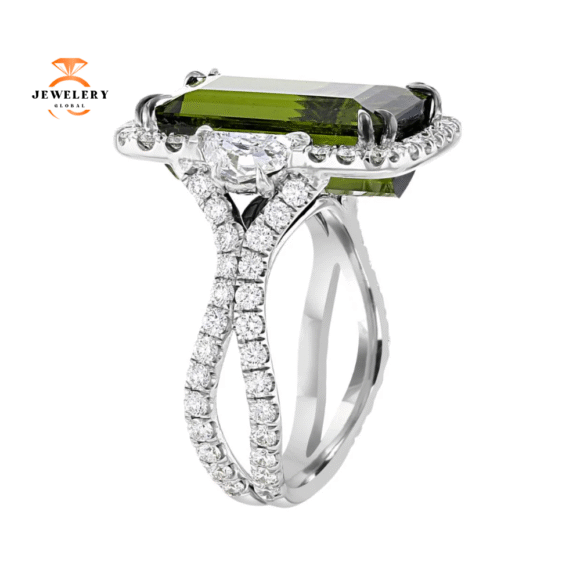 JULEVE 10.14 CT TOURMALINE & 2.03 CTW DIAMOND 3 STONE HALO RING - Image 2