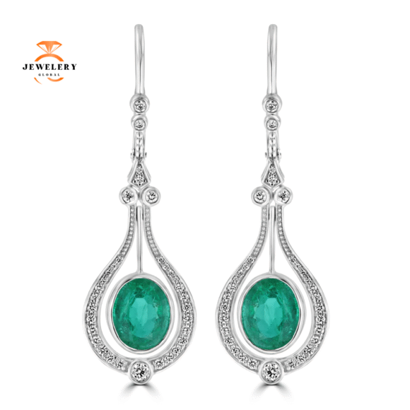 JULEVE 18KT WHITE GOLD 5.23 CTW EMERALD & 0.61 CTW DIAMOND HALO DROP EARRINGS