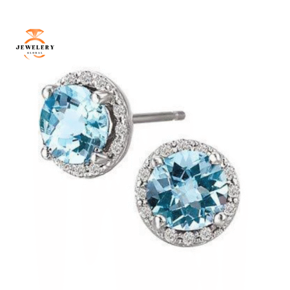 14KT WHITE GOLD BLUE TOPAZ & DIAMOND HALO EARRINGS