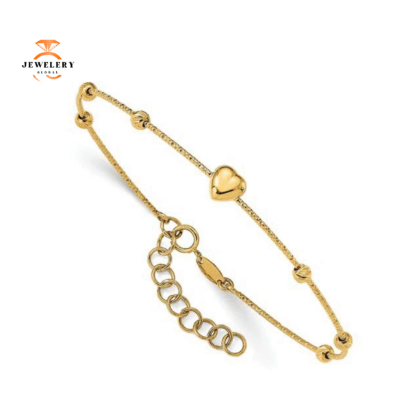 14KT Yellow Gold Diamond Cut Beads With Heart Flexible Bracelet