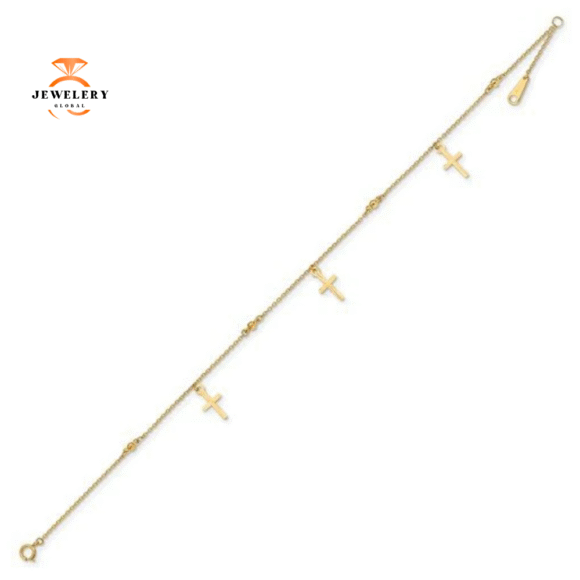 14KT Yellow Gold Polished & Textured Cross Anklet - Image 2