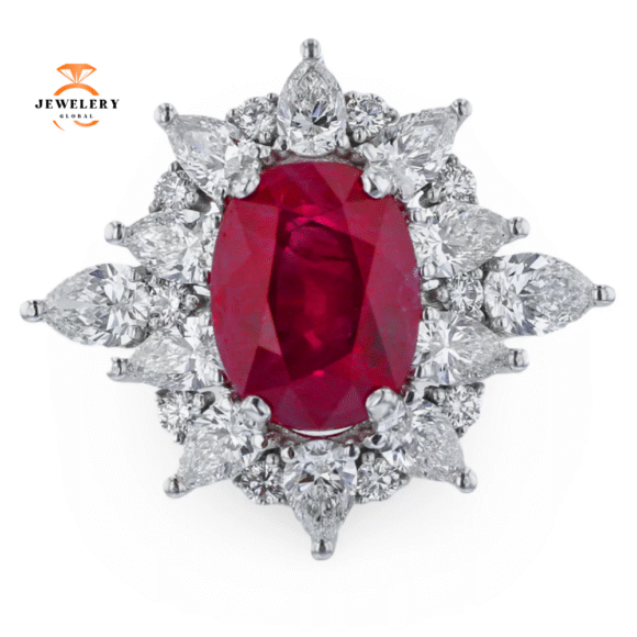 18KT WHITE GOLD 4.09CT GIA RUBY & 2.04CT DIAMOND HALO RING